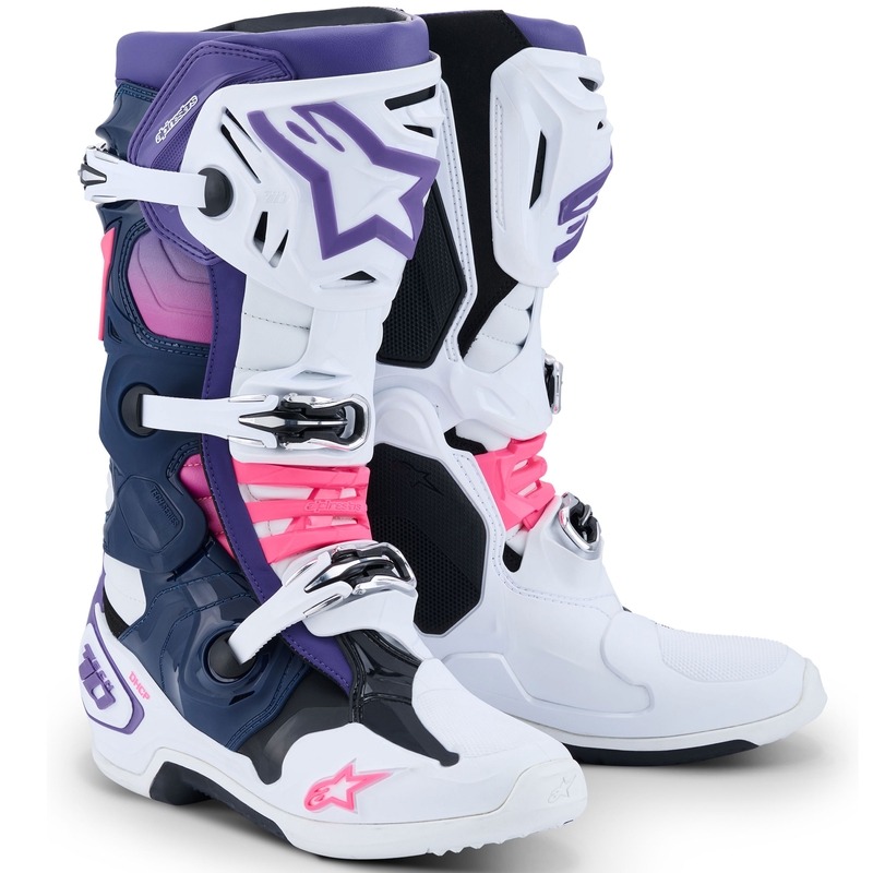 Мотоциклетни ботуши Alpinestars Tech 10 бяло-лилаво-синьо-флуоресцентно розово