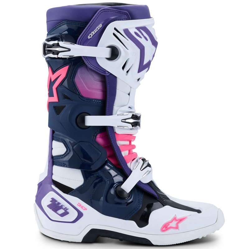 Мотоциклетни ботуши Alpinestars Tech 10 бяло-лилаво-синьо-флуоресцентно розово