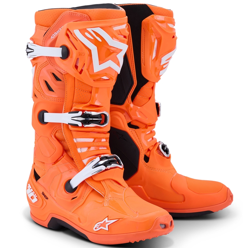 Мотоциклетни ботуши Alpinestars Tech 10 Supervented, флуоресцентно оранжево-черно-бели