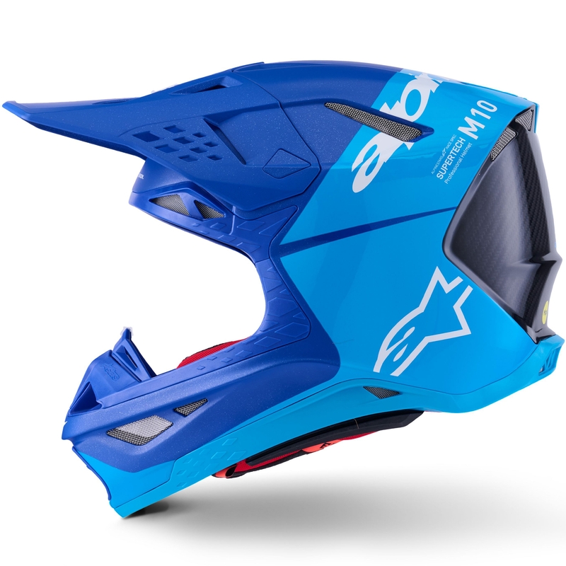 Каска за мотокрос Alpinestars Supertech S-M10 Flood, синьо перлено-светло синьо-черно-карбоново-матово-гланцово