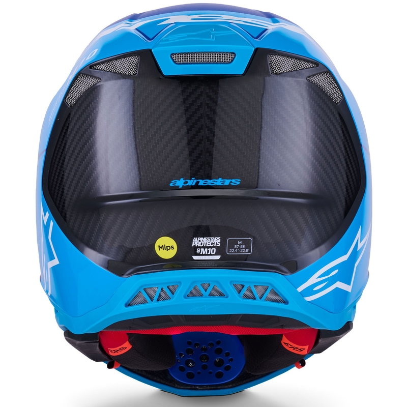 Каска за мотокрос Alpinestars Supertech S-M10 Flood, синьо перлено-светло синьо-черно-карбоново-матово-гланцово