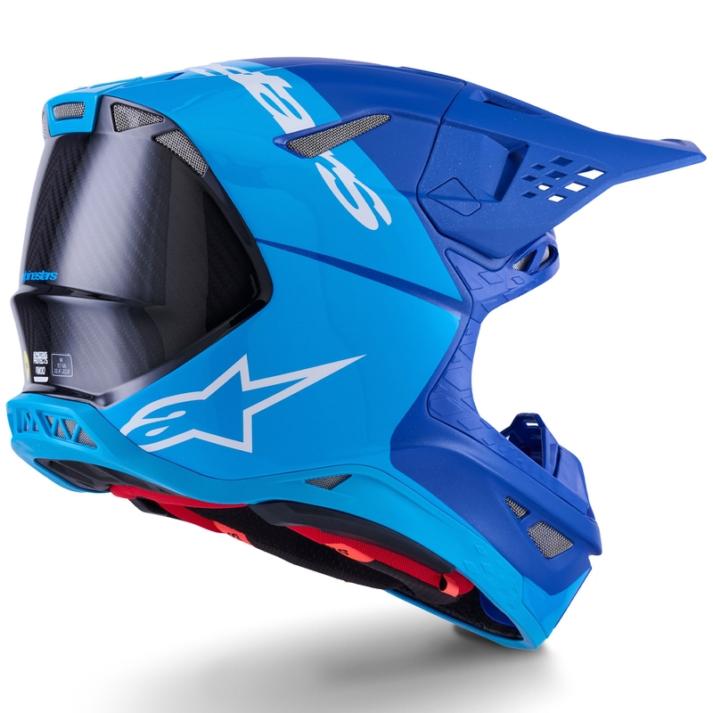 Каска за мотокрос Alpinestars Supertech S-M10 Flood, синьо перлено-светло синьо-черно-карбоново-матово-гланцово