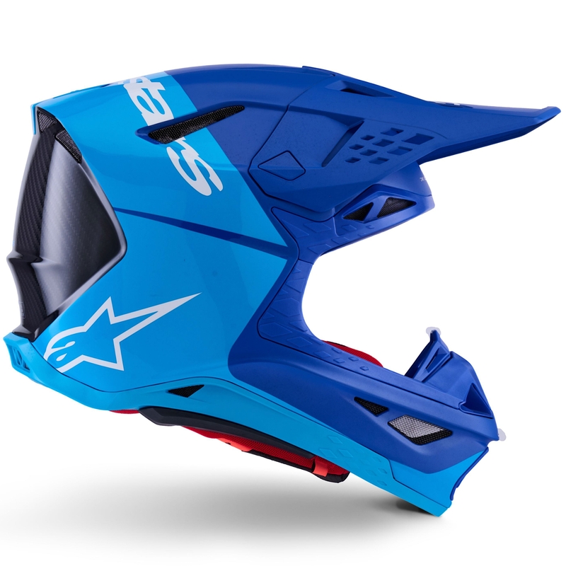 Каска за мотокрос Alpinestars Supertech S-M10 Flood, синьо перлено-светло синьо-черно-карбоново-матово-гланцово