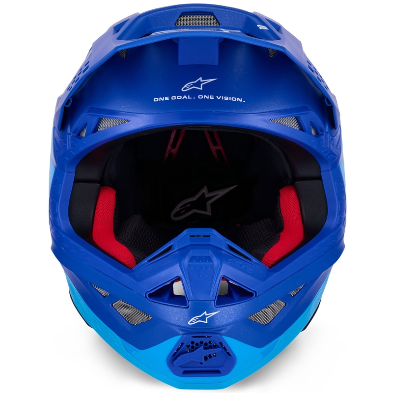 Каска за мотокрос Alpinestars Supertech S-M10 Flood, синьо перлено-светло синьо-черно-карбоново-матово-гланцово