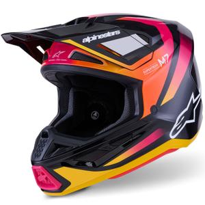 Каска за мотокрос Alpinestars SM7 Rise, черно-жълто-флуоресцентно розово