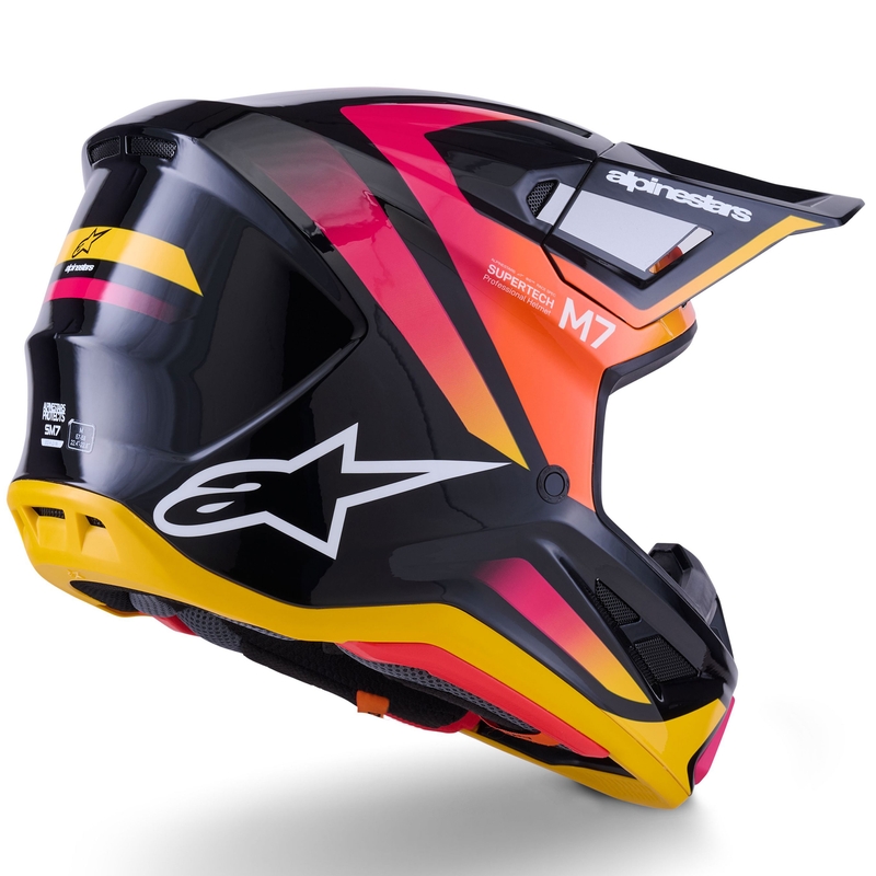 Каска за мотокрос Alpinestars SM7 Rise, черно-жълто-флуоресцентно розово