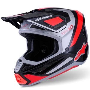 Каска за мотокрос Alpinestars SM7 Rise, черно-сребристо-флуоресцентно червена