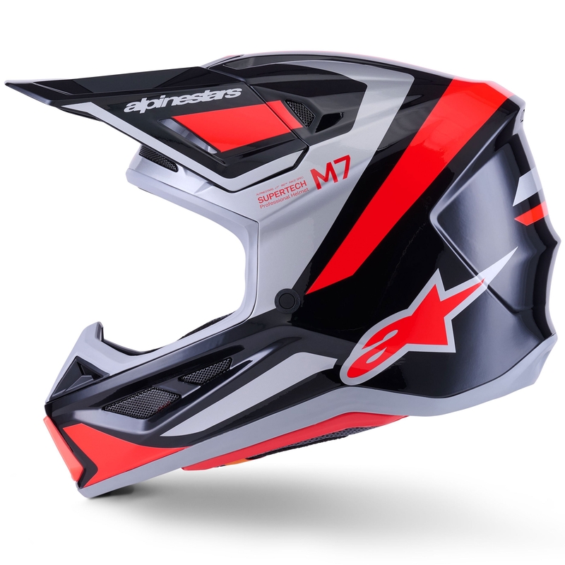 Каска за мотокрос Alpinestars SM7 Rise, черно-сребристо-флуоресцентно червена