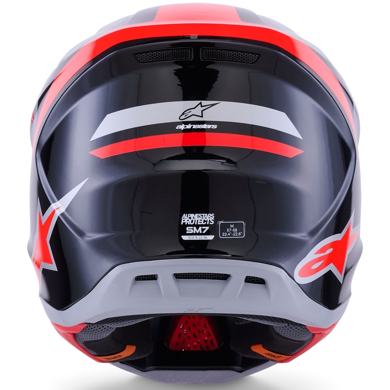 Каска за мотокрос Alpinestars SM7 Rise, черно-сребристо-флуоресцентно червена
