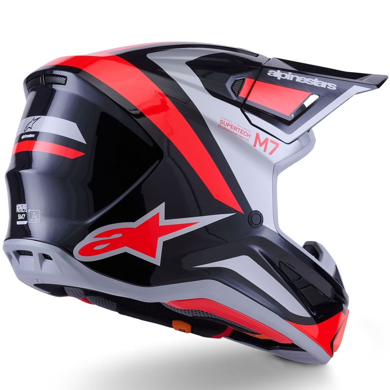 Каска за мотокрос Alpinestars SM7 Rise, черно-сребристо-флуоресцентно червена