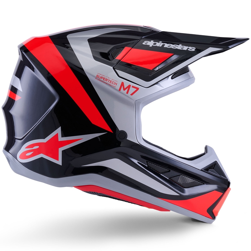 Каска за мотокрос Alpinestars SM7 Rise, черно-сребристо-флуоресцентно червена