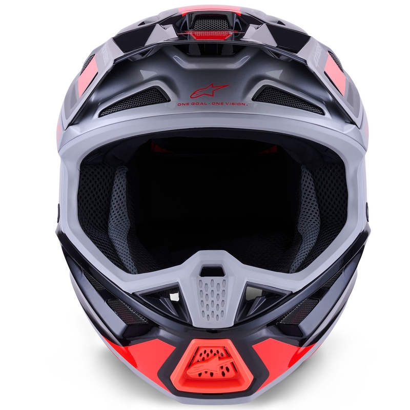 Каска за мотокрос Alpinestars SM7 Rise, черно-сребристо-флуоресцентно червена