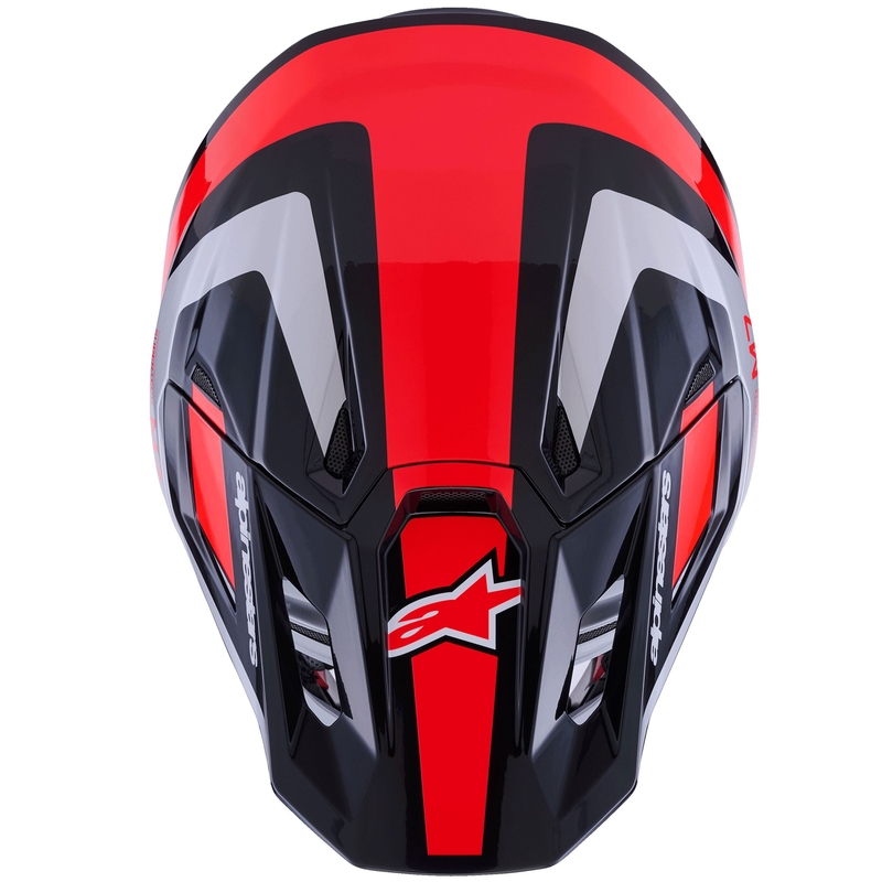 Каска за мотокрос Alpinestars SM7 Rise, черно-сребристо-флуоресцентно червена