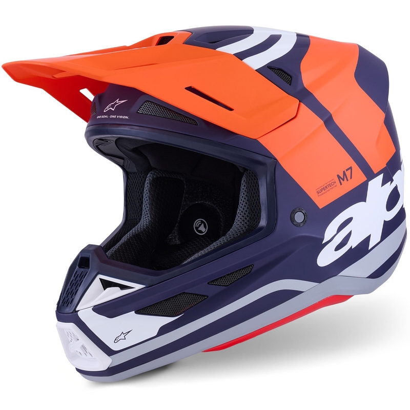 Мотокрос каска Alpinestars SM7 Core, матово оранжево-синьо-бяло