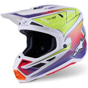 Каска за мотокрос Alpinestars SM7 Fuse, бяло-флуоресцентно жълто-лилаво