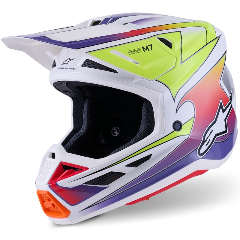 Каска за мотокрос Alpinestars SM7 Fuse, бяло-флуоресцентно жълто-лилаво