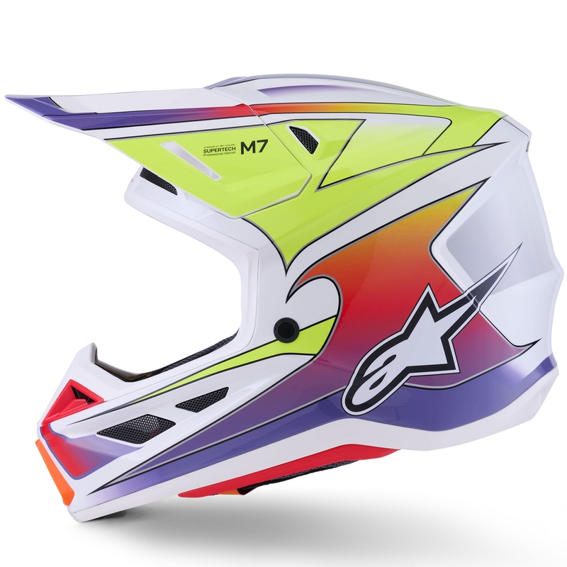 Каска за мотокрос Alpinestars SM7 Fuse, бяло-флуоресцентно жълто-лилаво