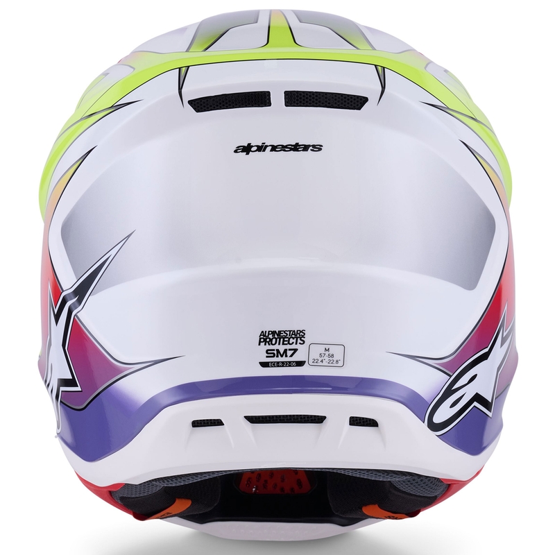 Каска за мотокрос Alpinestars SM7 Fuse, бяло-флуоресцентно жълто-лилаво