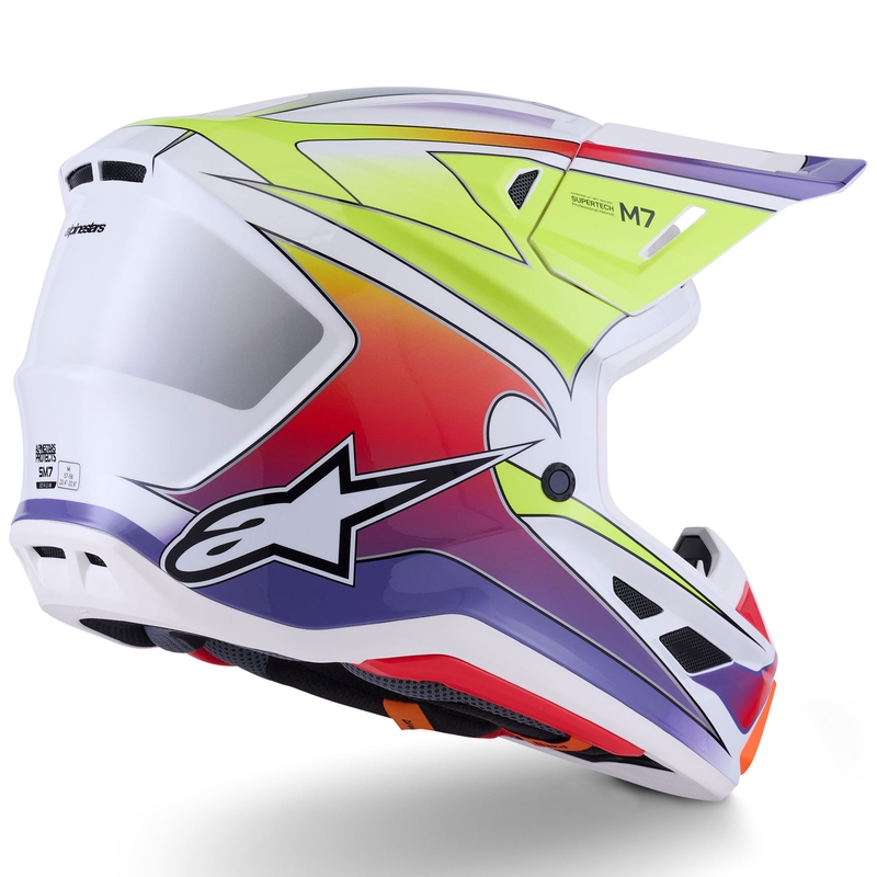 Каска за мотокрос Alpinestars SM7 Fuse, бяло-флуоресцентно жълто-лилаво