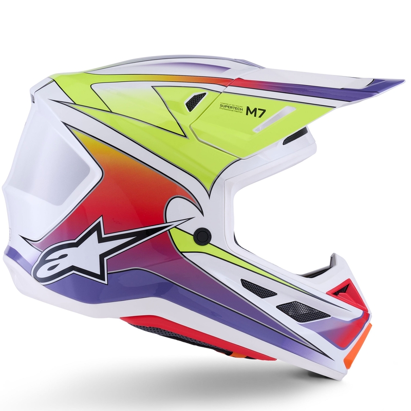 Каска за мотокрос Alpinestars SM7 Fuse, бяло-флуоресцентно жълто-лилаво
