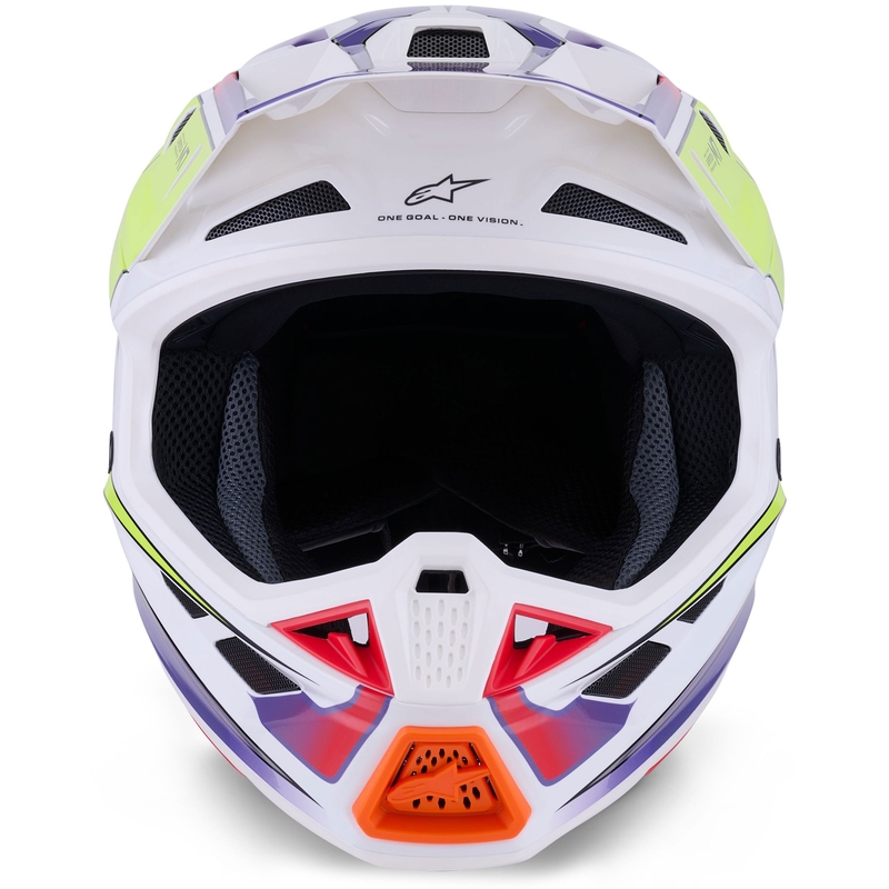 Каска за мотокрос Alpinestars SM7 Fuse, бяло-флуоресцентно жълто-лилаво