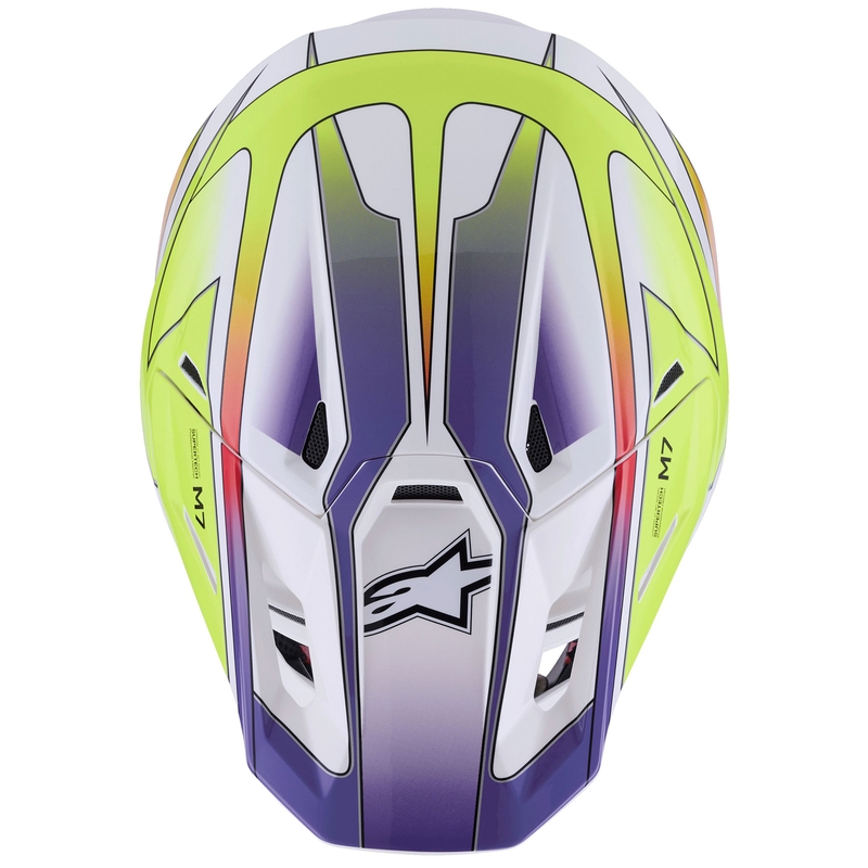 Каска за мотокрос Alpinestars SM7 Fuse, бяло-флуоресцентно жълто-лилаво