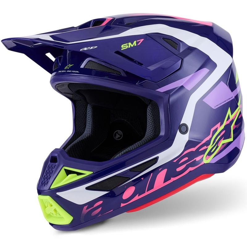 Каска за мотокрос Alpinestars SM7 Deed, лилаво-розово-бяло-флуоресцентно жълто