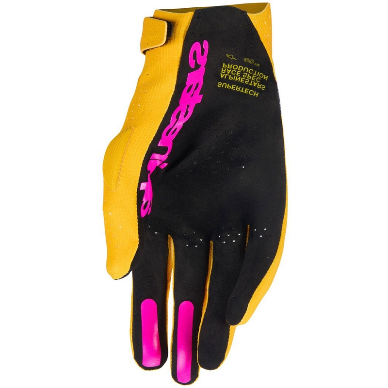 Ръкавици за мотокрос Alpinestars Supertech MX, златисто-черно-флуоресцентно розово
