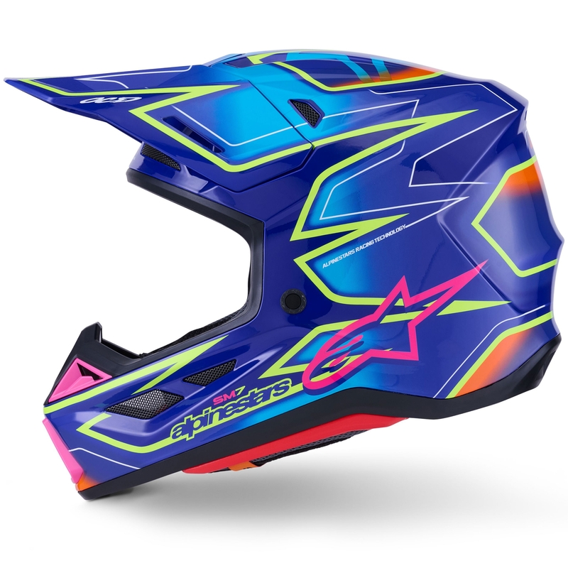 Каска за мотокрос Alpinestars SM7 Cast, синьо-розово-флуоресцентно жълто