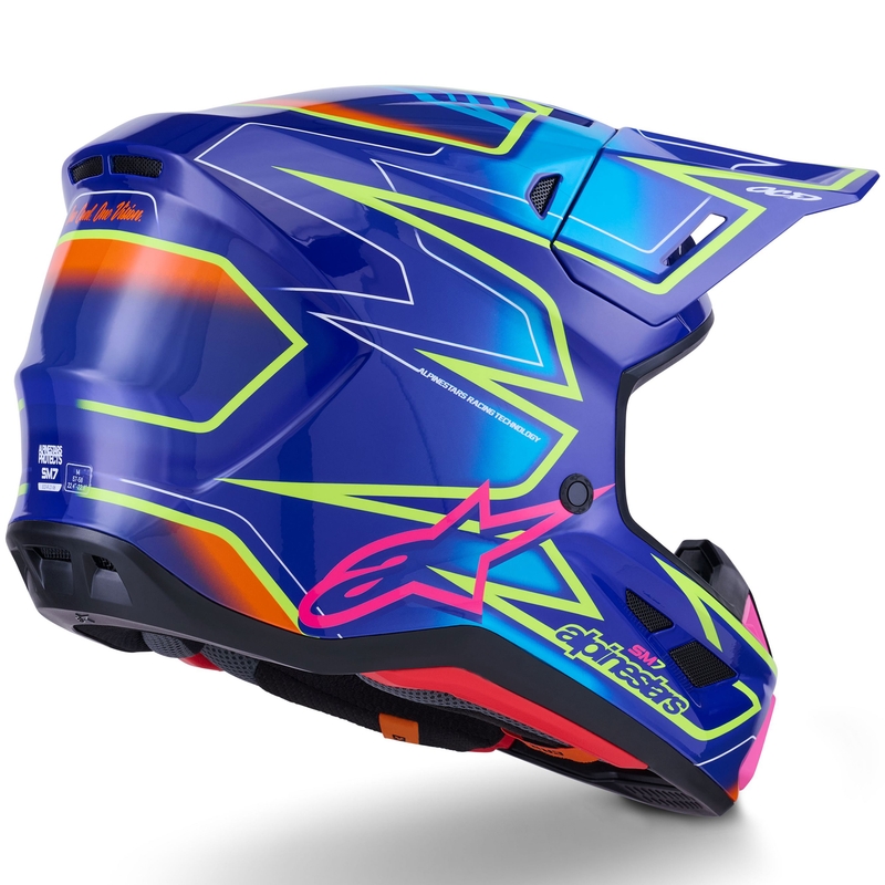 Каска за мотокрос Alpinestars SM7 Cast, синьо-розово-флуоресцентно жълто