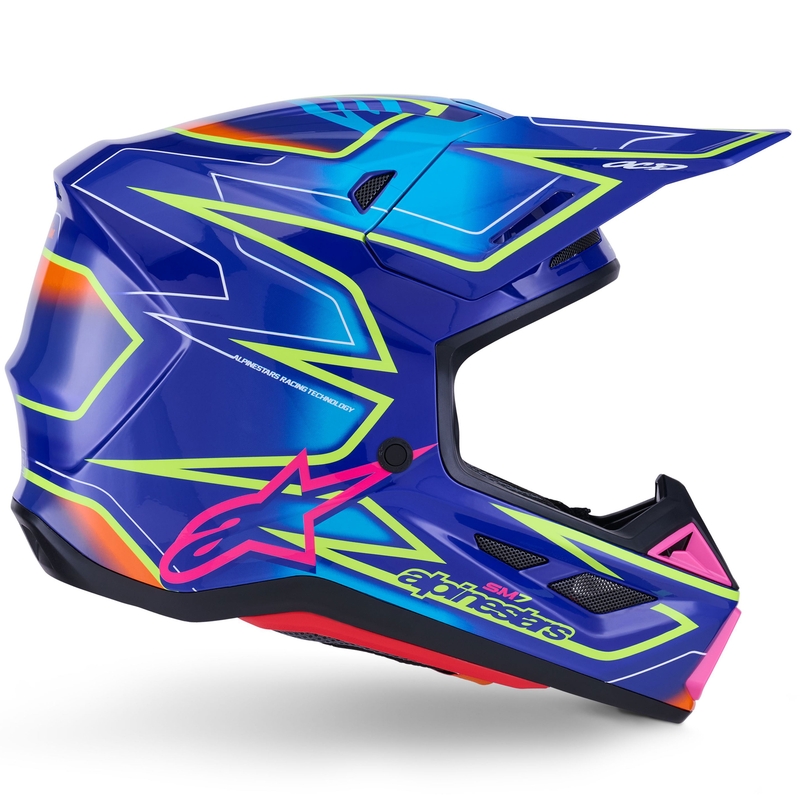Каска за мотокрос Alpinestars SM7 Cast, синьо-розово-флуоресцентно жълто