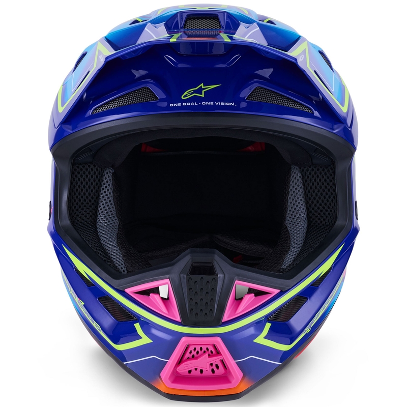 Каска за мотокрос Alpinestars SM7 Cast, синьо-розово-флуоресцентно жълто