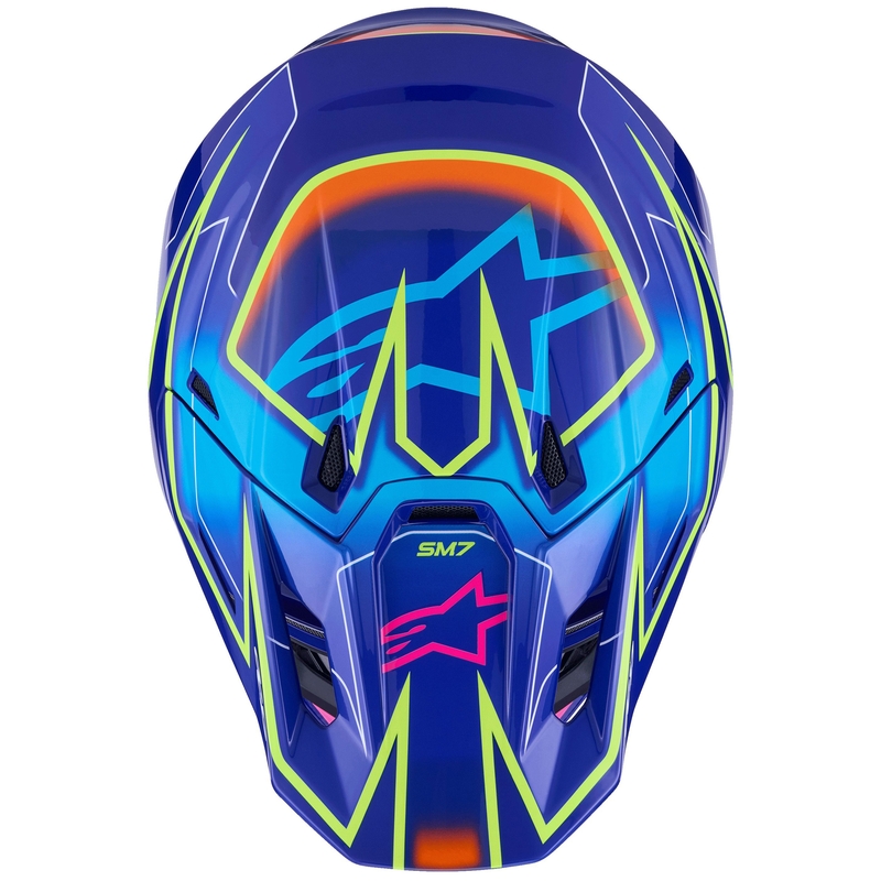 Каска за мотокрос Alpinestars SM7 Cast, синьо-розово-флуоресцентно жълто