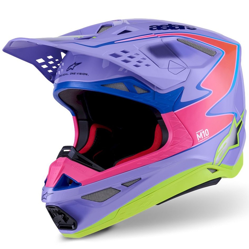 Каска за мотокрос Alpinestars S-M10 JETT LAWRENCE R01, лилаво-флуоресцентно розово-флуоресцентно жълто