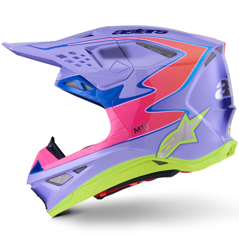 Каска за мотокрос Alpinestars S-M10 JETT LAWRENCE R01, лилаво-флуоресцентно розово-флуоресцентно жълто