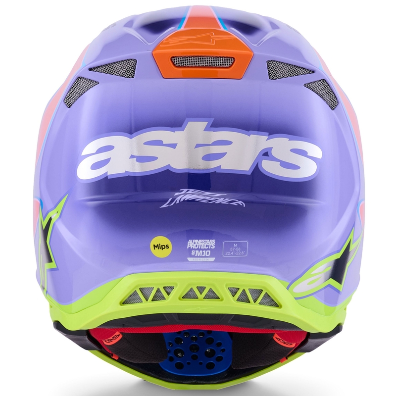 Каска за мотокрос Alpinestars S-M10 JETT LAWRENCE R01, лилаво-флуоресцентно розово-флуоресцентно жълто