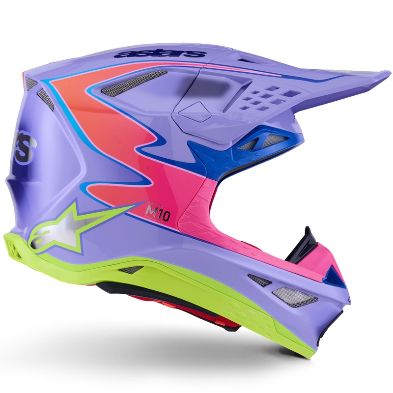 Каска за мотокрос Alpinestars S-M10 JETT LAWRENCE R01, лилаво-флуоресцентно розово-флуоресцентно жълто