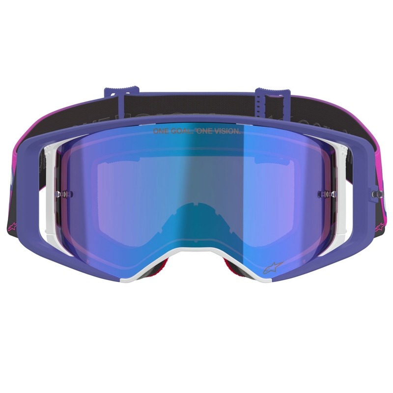 Мотокрос очила Alpinestars Supertech Vision Vista, лилаво-флуоресцентно розови с огледално сини лещи