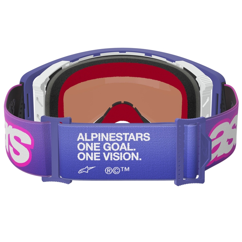 Мотокрос очила Alpinestars Supertech Vision Vista, лилаво-флуоресцентно розови с огледално сини лещи