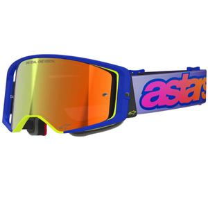 Мотокрос очила Alpinestars Supertech Vision Vista синьо-жълто-лилави с огледални червени лещи