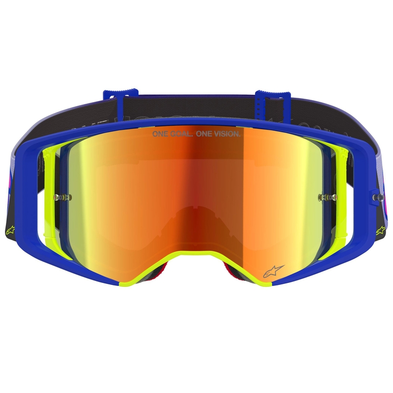 Мотокрос очила Alpinestars Supertech Vision Vista синьо-жълто-лилави с огледални червени лещи