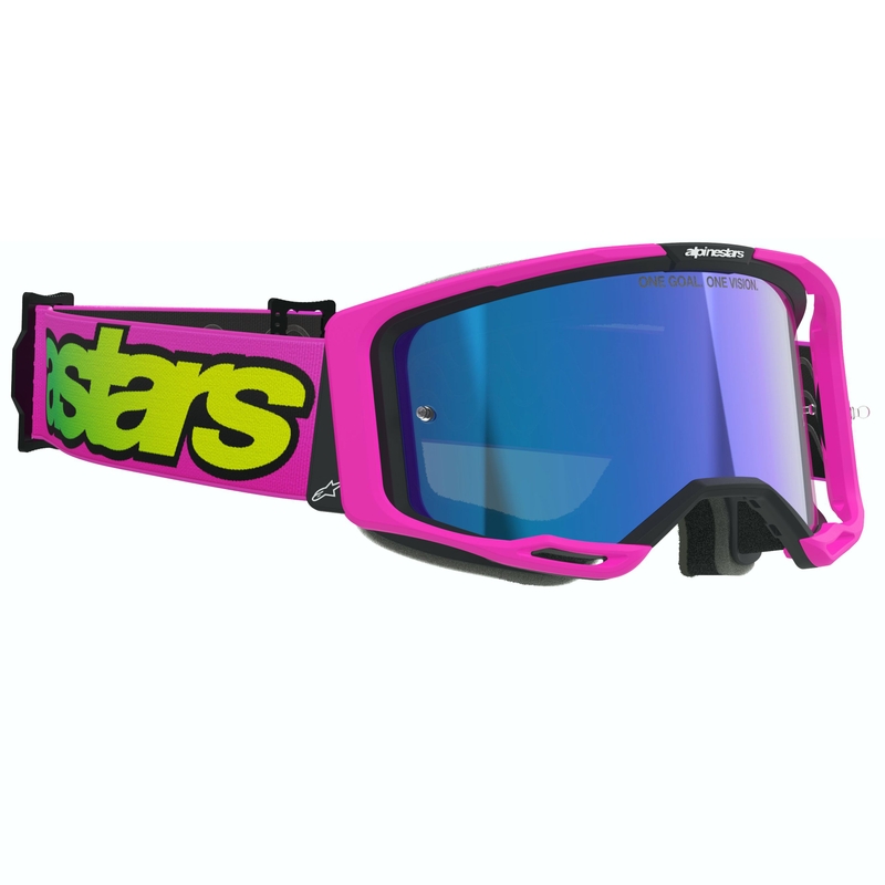 Мотокрос очила Alpinestars Vision 8 Vista fluo розово-флуоресцентно жълто-зелено с огледално сини лещи