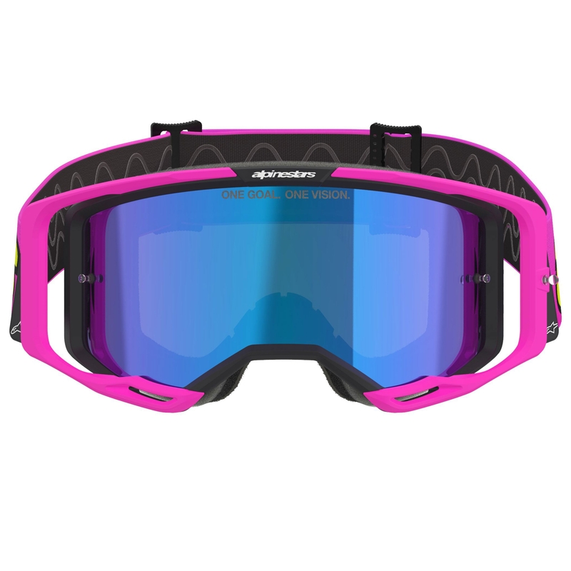 Мотокрос очила Alpinestars Vision 8 Vista fluo розово-флуоресцентно жълто-зелено с огледално сини лещи