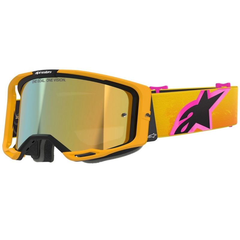Очила за мотокрос Alpinestars Vision 8 Corp в оранжево-жълто-розов цвят с огледални златни лещи