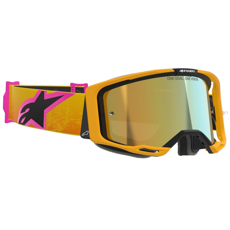 Очила за мотокрос Alpinestars Vision 8 Corp в оранжево-жълто-розов цвят с огледални златни лещи