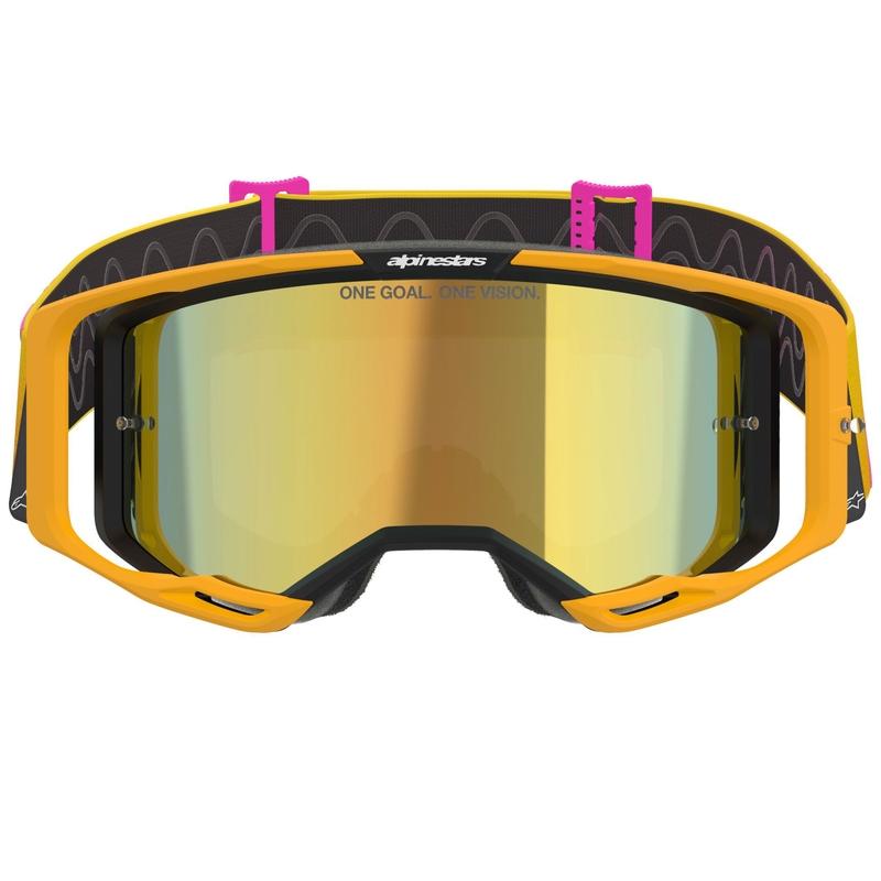Очила за мотокрос Alpinestars Vision 8 Corp в оранжево-жълто-розов цвят с огледални златни лещи
