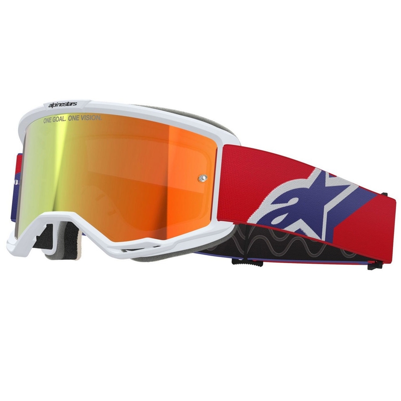 Мотокрос очила Alpinestars Vision 5 Corp, бяло-синьо-червени с огледално-червени лещи