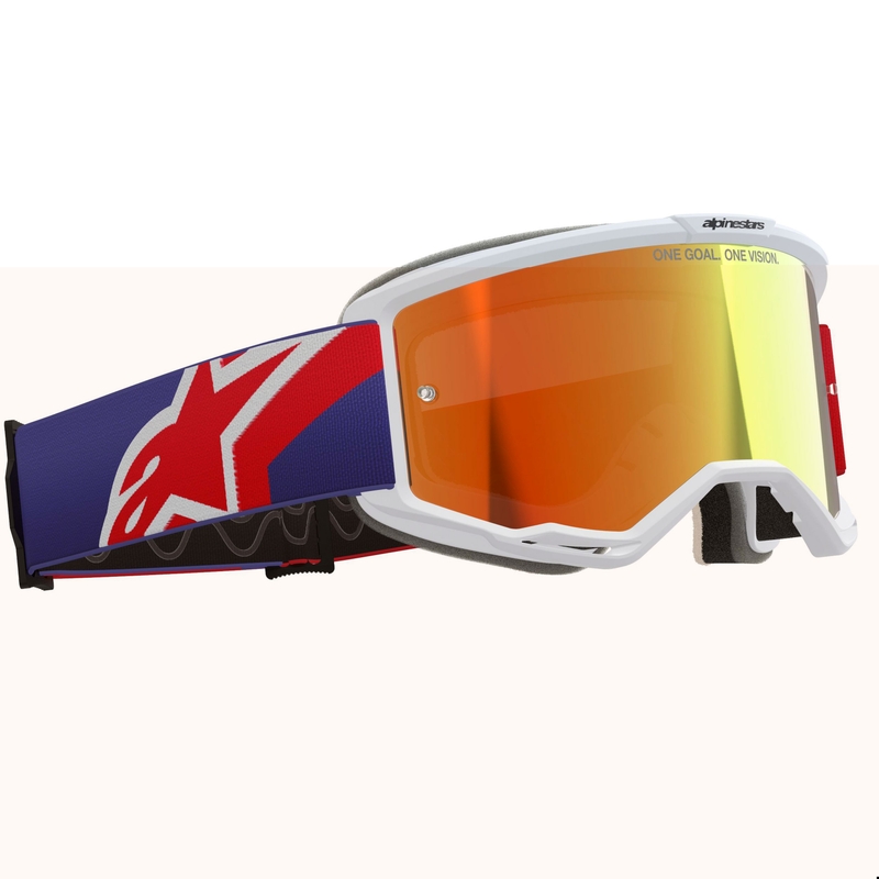 Мотокрос очила Alpinestars Vision 5 Corp, бяло-синьо-червени с огледално-червени лещи