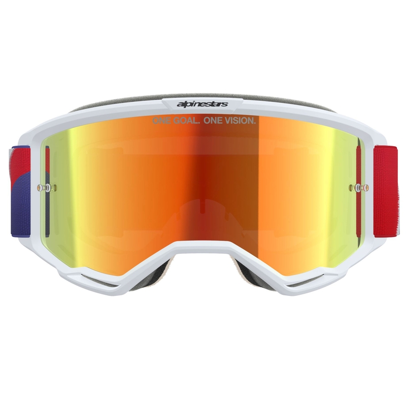 Мотокрос очила Alpinestars Vision 5 Corp, бяло-синьо-червени с огледално-червени лещи