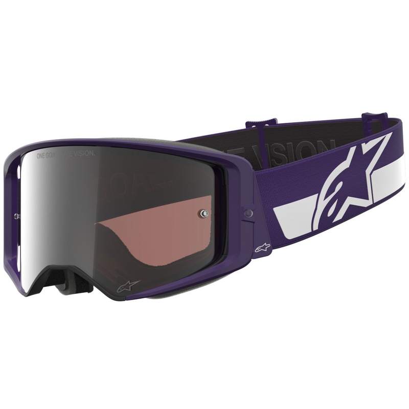 Мотокрос очила Alpinestars Supertech Vision Hunta96 XXV, лилаво-бели с огледално-сребрист плексиглас